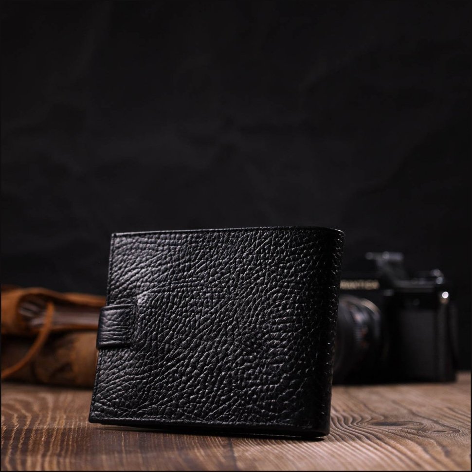Чорний чоловічий гаманець з натуральної шкіри з вираженою фактурою на кнопці Tony Bellucci (2422015)