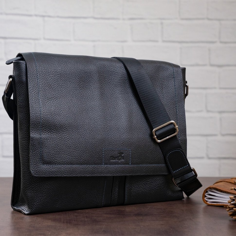 Мужская черная сумка-мессенджер в деловом стиле из натуральной кожи SHVIGEL (11106)