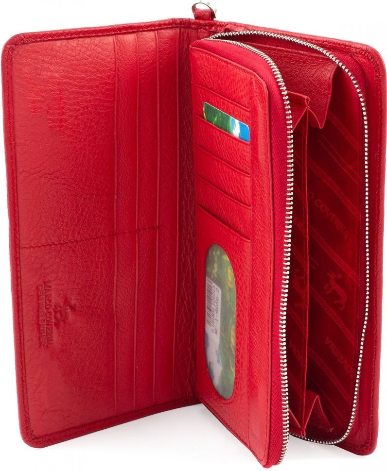 Яскравий вертикальний гаманець червоного кольору з натуральної шкіри флотар Marco Coverna (18898)