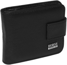 Мужской кожаный кошелек черного цвета с хлястиком на кнопке Horse Imperial 66032
