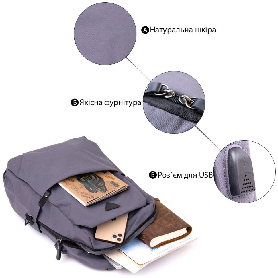 Серый рюкзак из текстиля на молнии Vintage (20628) modnotak фото №12