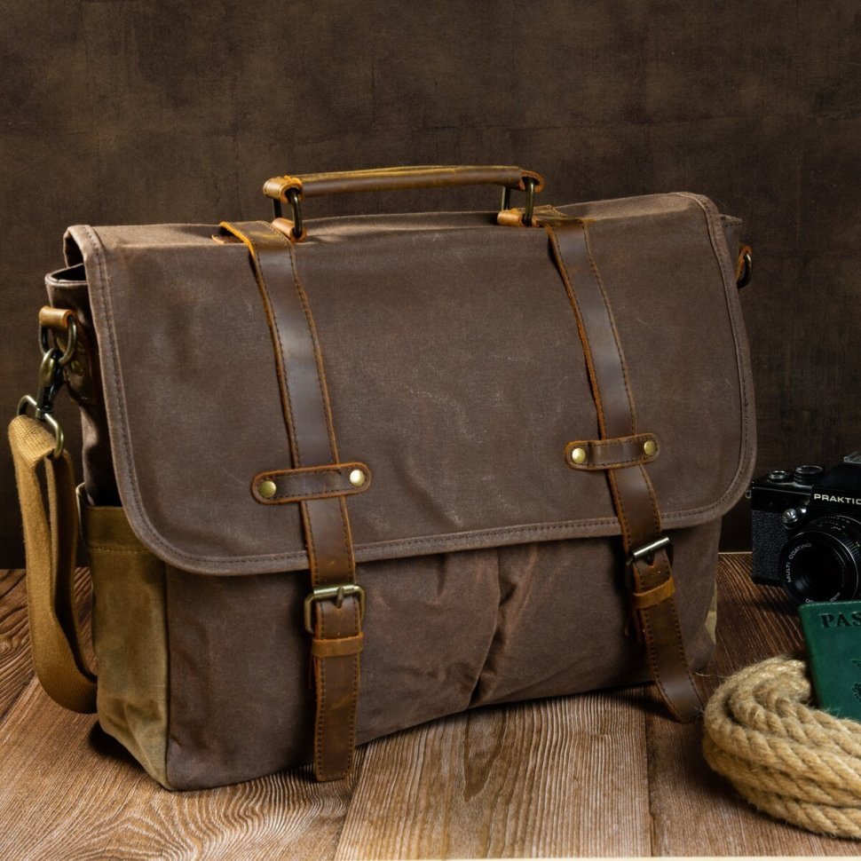 Коричнева сумка-портфель на плече з текстилю Vintage (20116)
