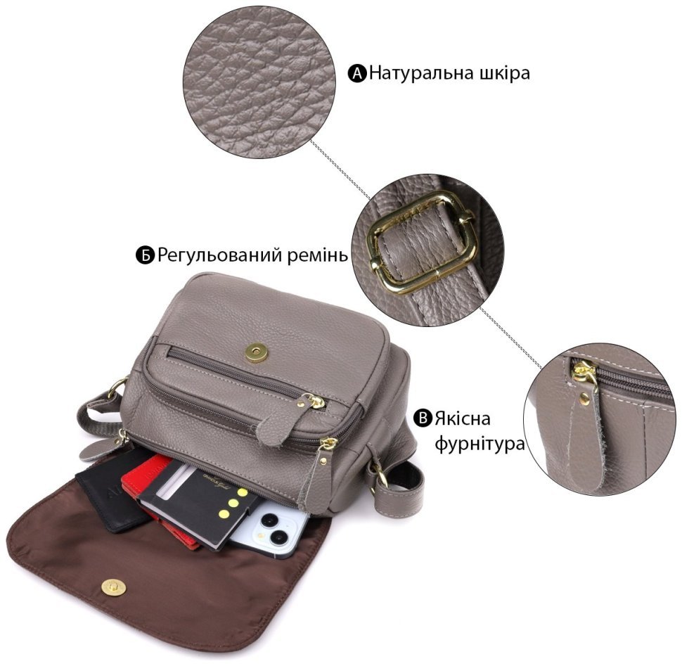 Стильная женская сумка на каждый день из фактурной кожи через плечо Vintage 98132 серого цвета modnotak фото №4