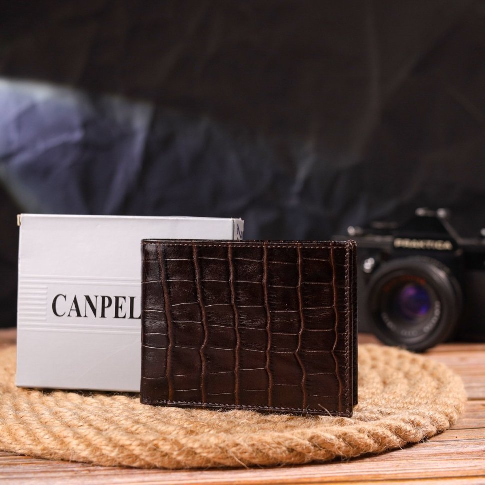 Невеликий чоловічий портмоне з натуральної шкіри темно-коричневого кольору з тисненням CANPELLINI (2421522)