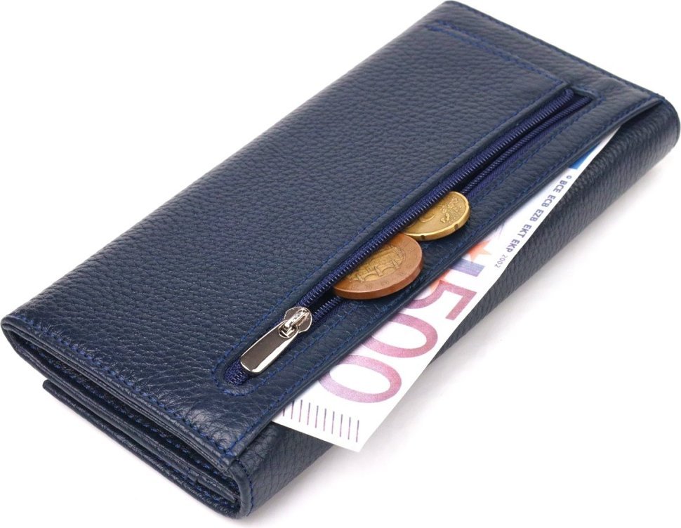 Класичний жіночий гаманець з натуральної зернистої шкіри синього кольору з клапаном CANPELLINI (2421624)