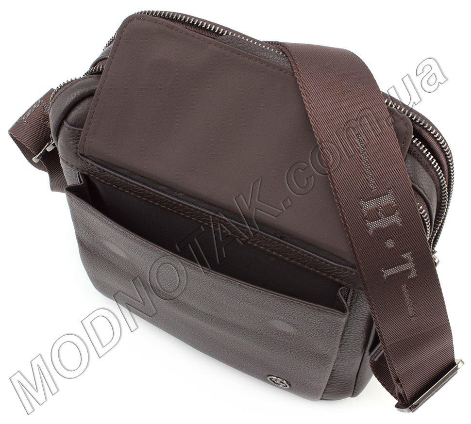 Наплечная коричневая кожаная мужская сумка H.T Leather (12134)