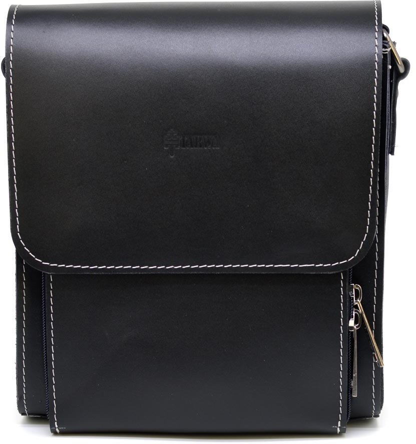 Небольшая мужская черная сумка через плечо из натуральной кожи с белой ниткой TARWA (19951)