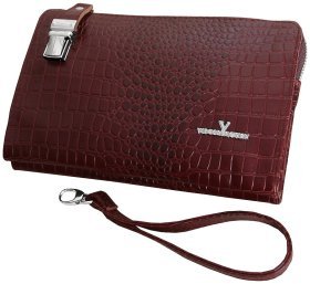 Барсетка на молнии из кожи кроко Vip Collection 102633 (коричневая)