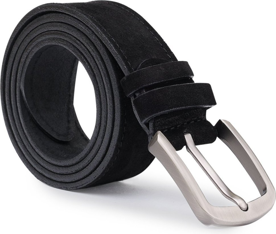 Универсальный замшевый ремень черного цвета с серебристой пряжкой Vintage (2420727)