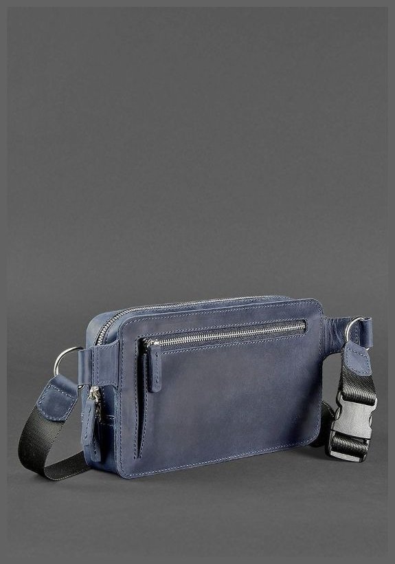 Темно-синяя сумка-бананка ручной работы из натуральной кожи BlankNote Dropbag Maxi (12690)