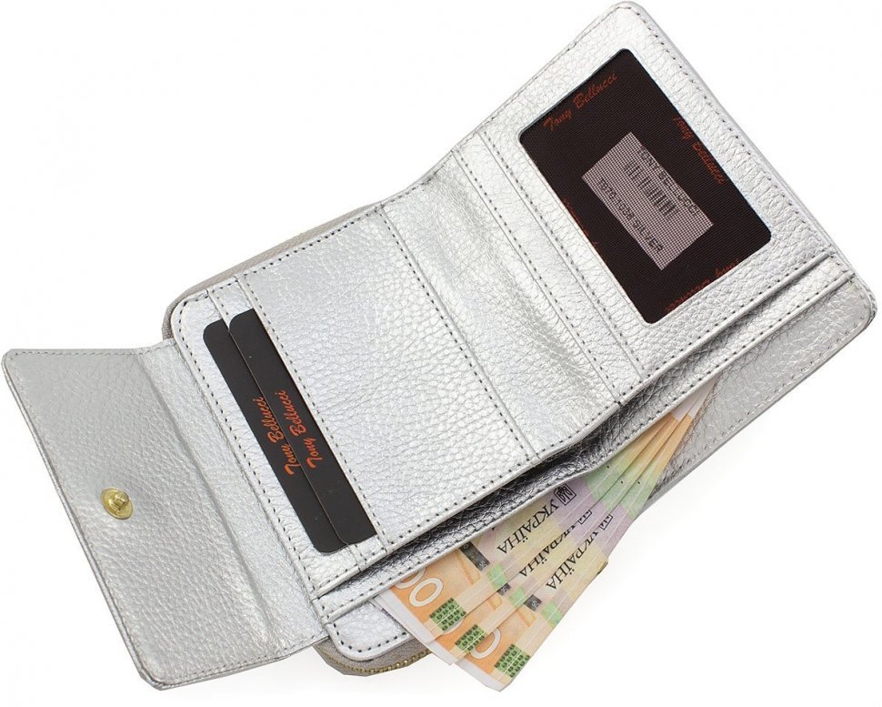 Сріблястий жіночий гаманець з натуральної шкіри на кнопці Tony Bellucci (10796)