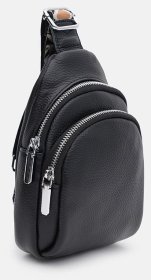 Стильная женская сумка слинг из кожи флотар с текстильным плечевым ремнем Borsa Leather 104533 черная