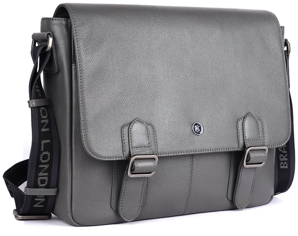 Вместительная мужская сумка мессенджер из натуральной кожи для ноутбука 15" Brampton London Emissary 94533 серого цвета modnotak фото №2