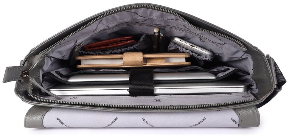 Вместительная мужская сумка мессенджер из натуральной кожи для ноутбука 15" Brampton London Emissary 94533 серого цвета modnotak фото №6