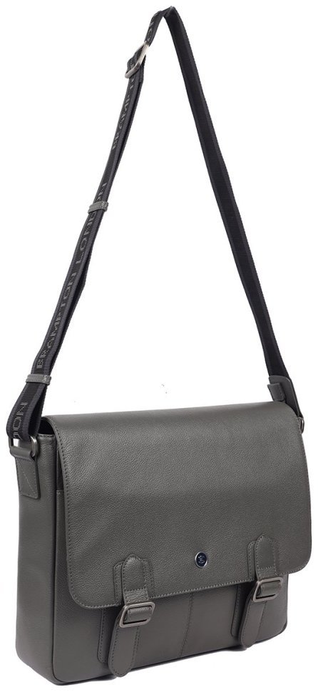 Вместительная мужская сумка мессенджер из натуральной кожи для ноутбука 15" Brampton London Emissary 94533 серого цвета modnotak фото №11