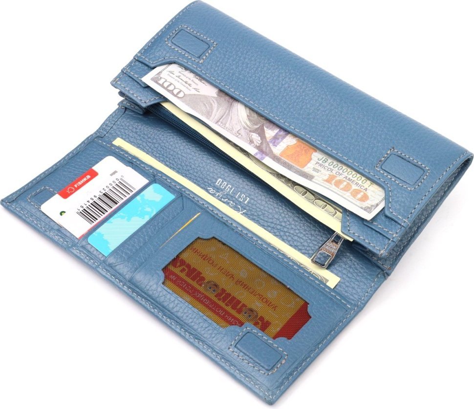 Блакитний жіночий гаманець із натуральної шкіри з клапаном на магнітах KARYA (2421019)