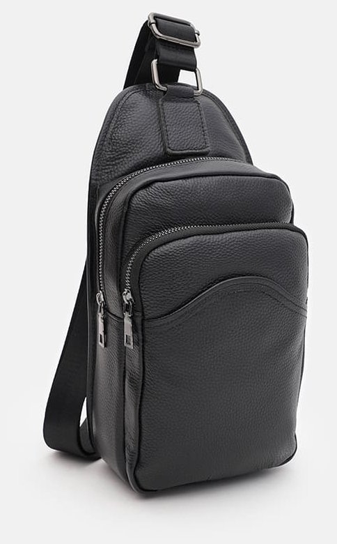 Мужской слинг на каждый день из кожи флотар Borsa Leather 104833 черного цвета modnotak фото №2