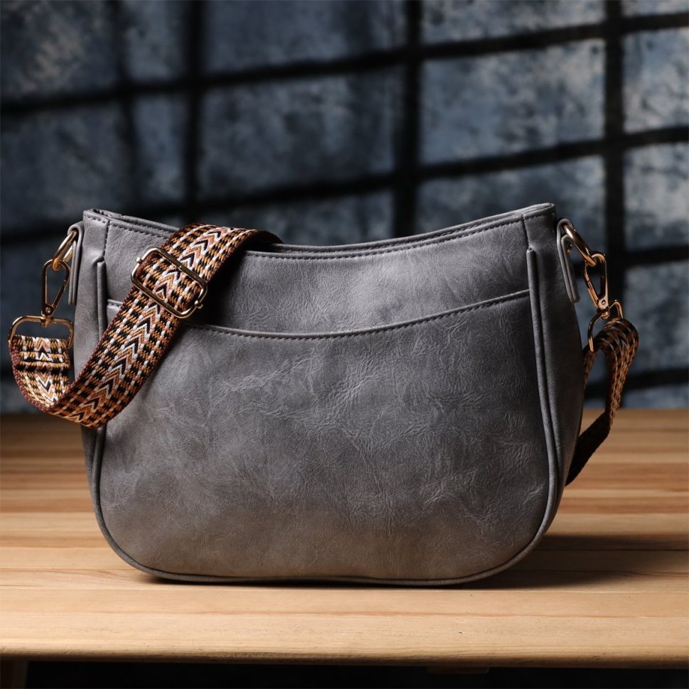 Повседневная женская сумка из кожзама с текстильным ремнем через плечо Vintage серого цвета 96933 modnotak фото №7