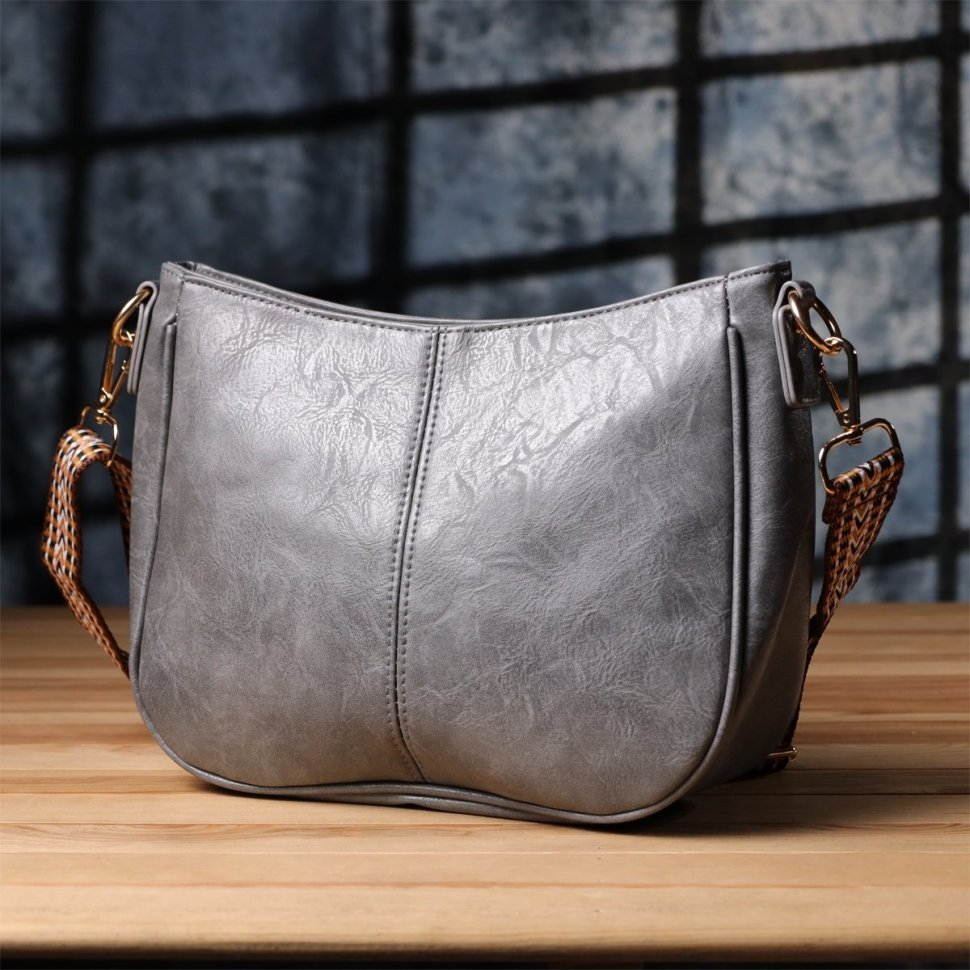 Повседневная женская сумка из кожзама с текстильным ремнем через плечо Vintage серого цвета 96933 modnotak фото №8