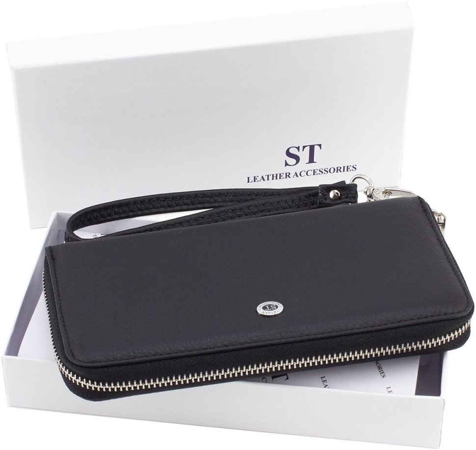 Женский кожаный кошелек черного цвета с молниевой застежкой ST Leather 1767433
