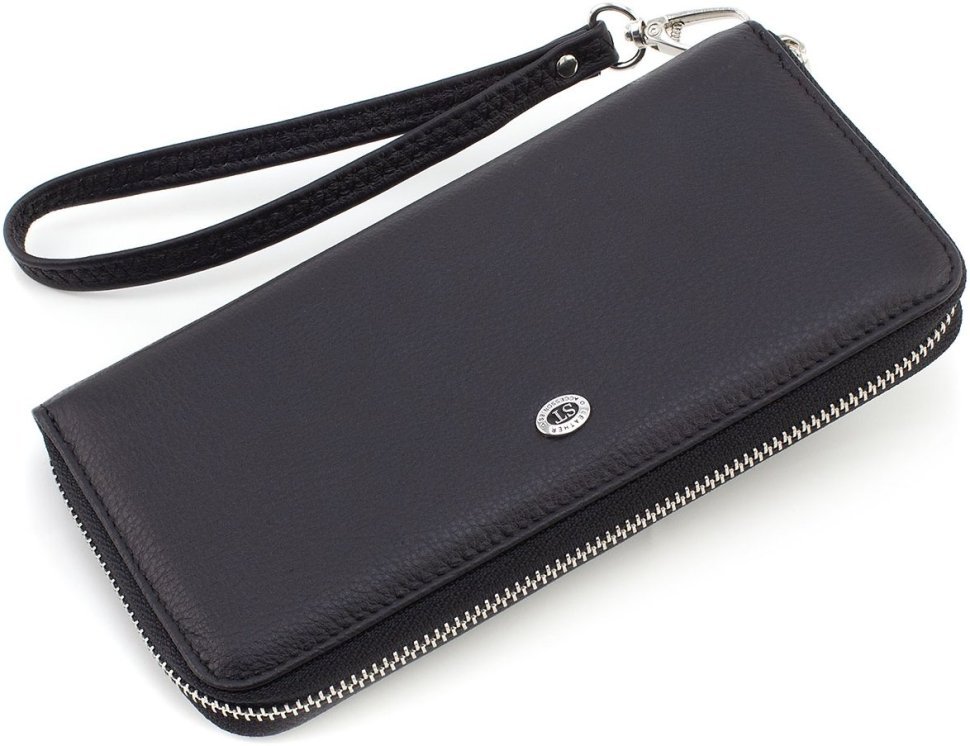 Женский кожаный кошелек черного цвета с молниевой застежкой ST Leather 1767433
