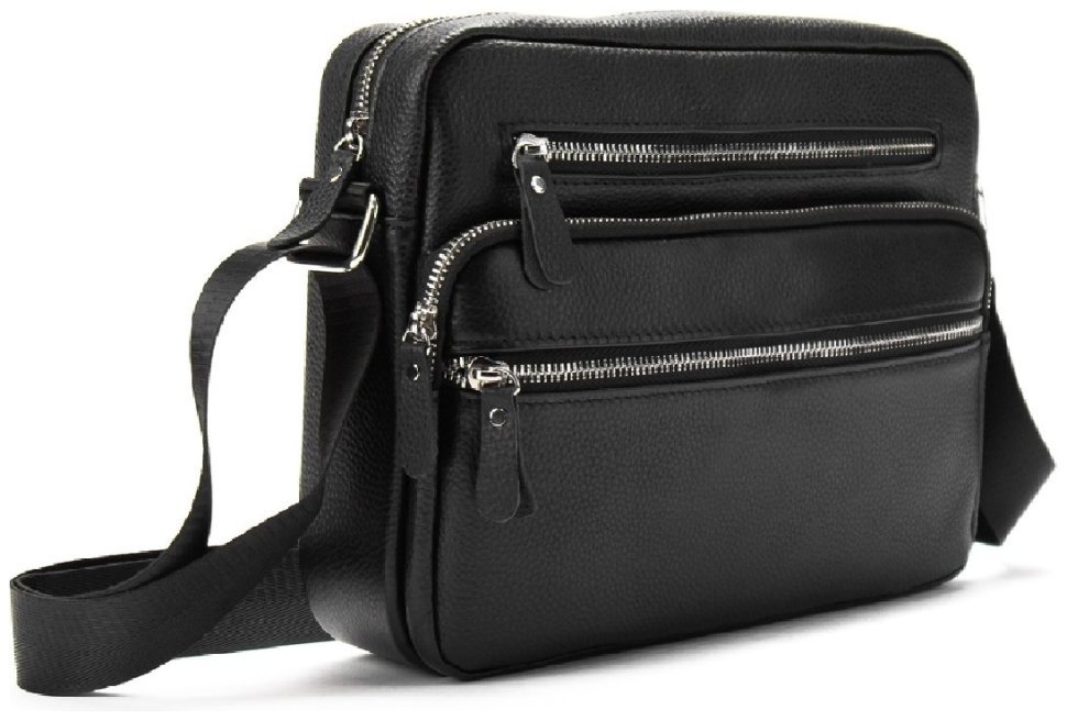 Чоловіча шкіряна сумка-месенджер середнього розміру в чорному кольорі Tiding Bag 77533