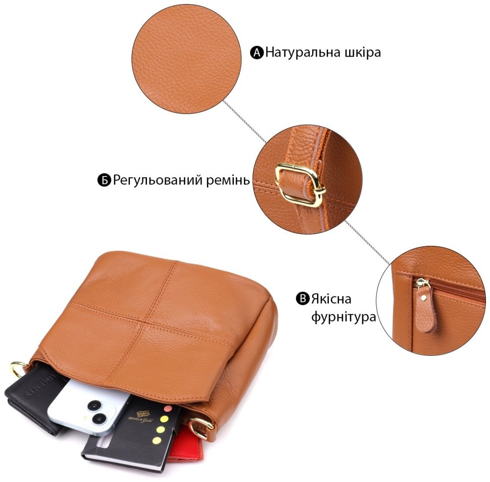 Стильная женская сумка на каждый день из натуральной фактурной кожи через плечо Vintage 98133 рыжего цвета modnotak фото №4