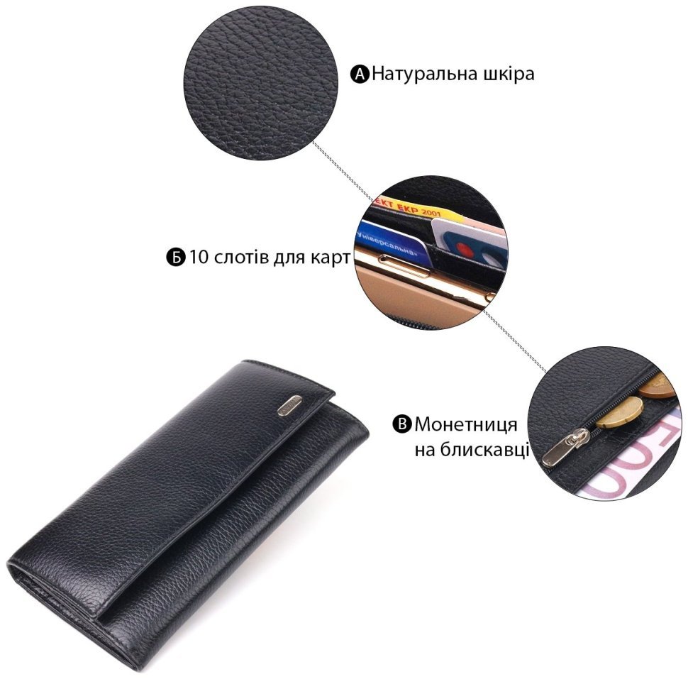 Чорний жіночий гаманець із натуральної зернистої шкіри з клапаном на кнопці CANPELLINI (2421625) фото №10 Чорний жіночий гаманець із натуральної зернистої шкіри з клапаном на кнопці CANPELLINI (2421625) modnotak фото №10