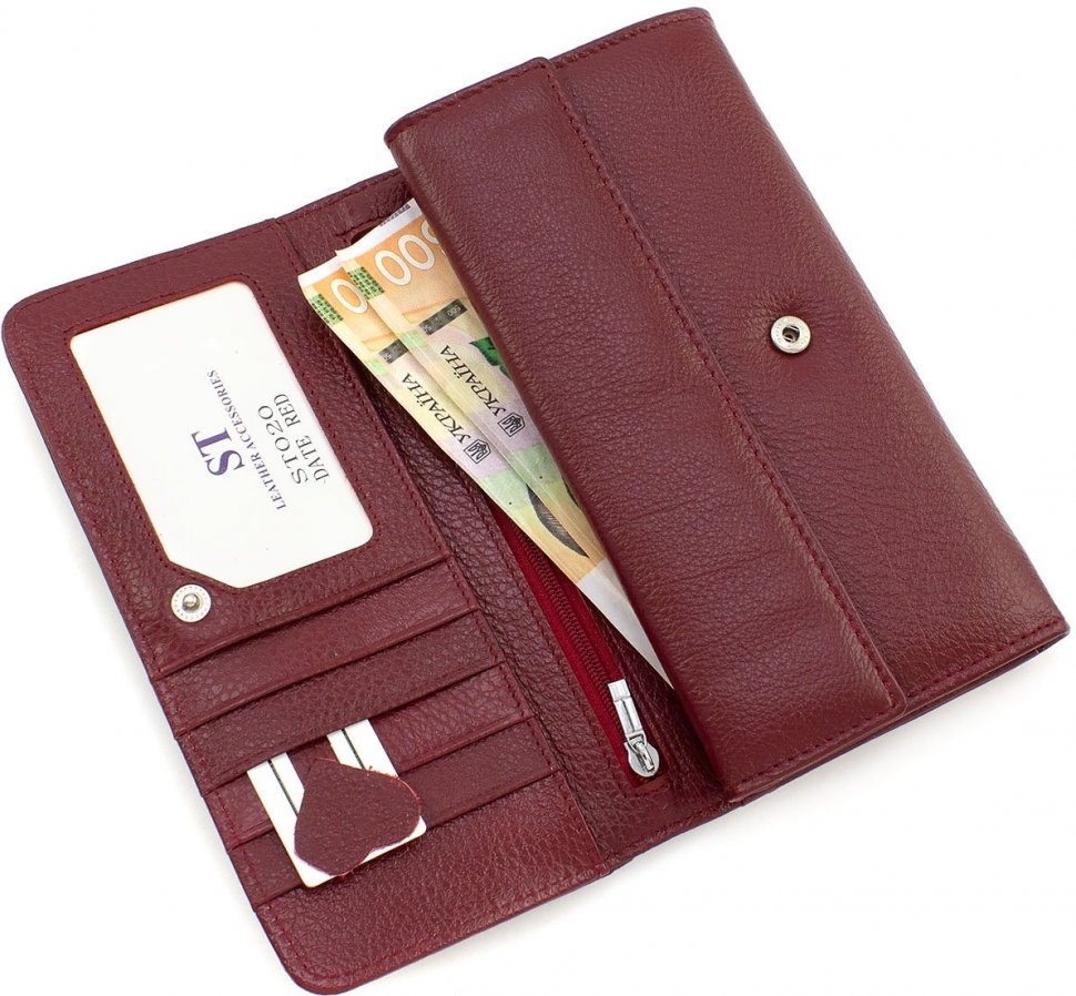 Жіночий бордовий гаманець великого розміру з клапаном на кнопці ST Leather (15400)
