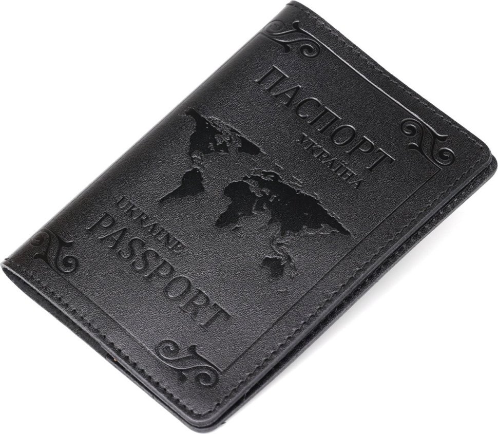 Чорна обкладинка на паспорт із натуральної шкіри з картою світу SHVIGEL (2413982)