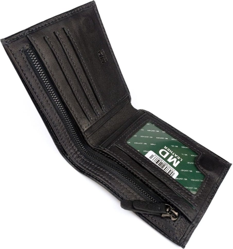 Черное тонкое мужское портмоне из натуральной кожи с наружной монетницей MD Leather (21548)