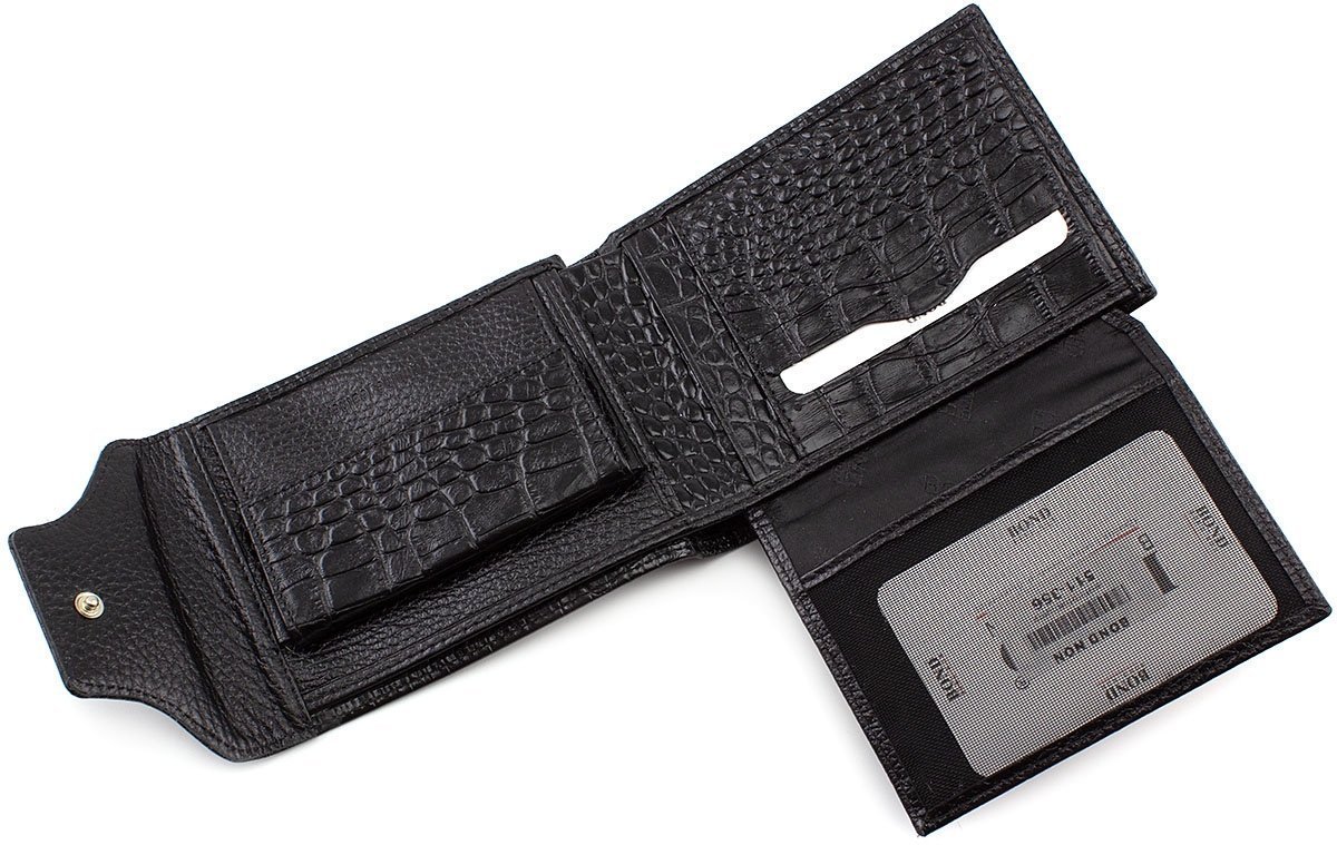Чорне портмоне з натуральної шкіри з тисненням під крокодила Bond Non (10641)