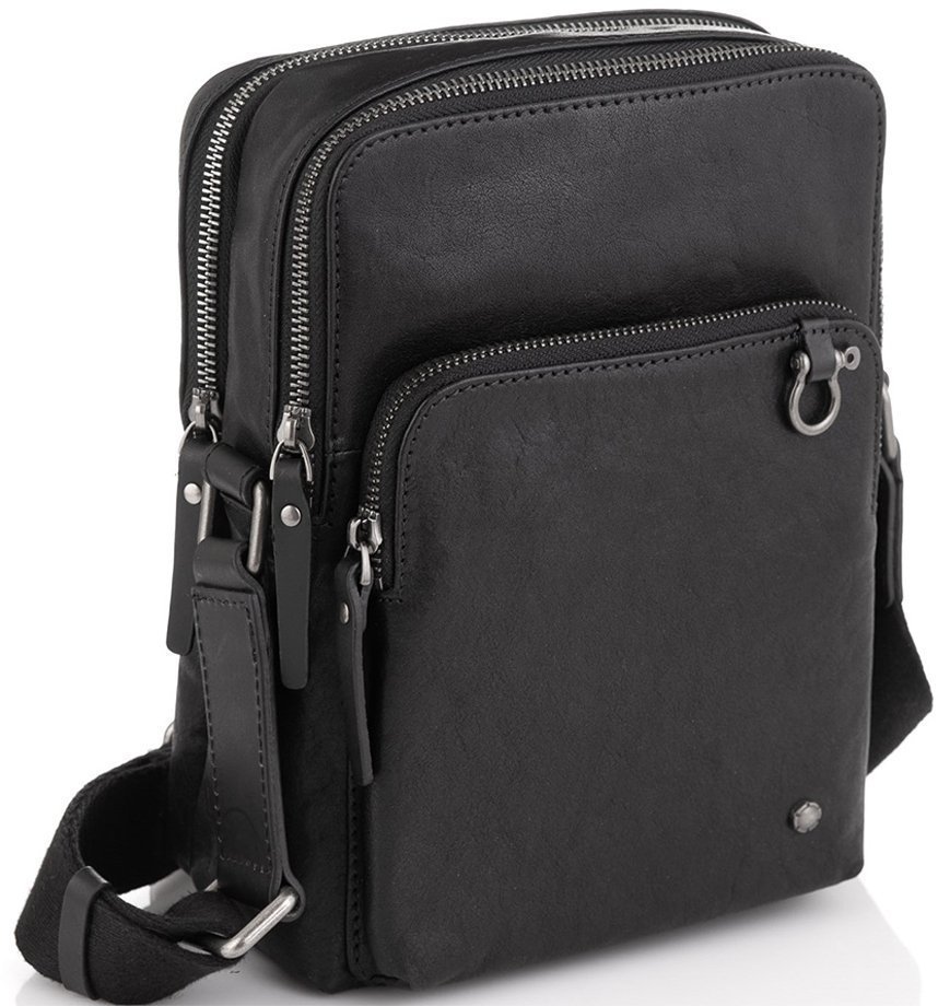 Кожаная наплечная мужская сумка черного цвета с двумя автономными отделениями Tiding Bag (15910)