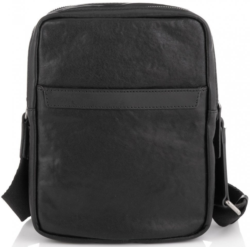 Шкіряна наплічна чоловіча сумка чорного кольору з двома автономними відділеннями Tiding Bag (15910)