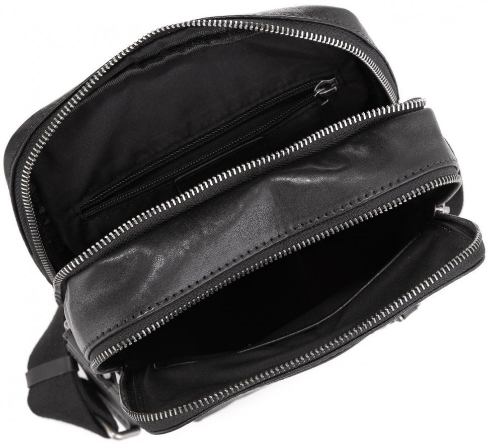 Кожаная наплечная мужская сумка черного цвета с двумя автономными отделениями Tiding Bag (15910)