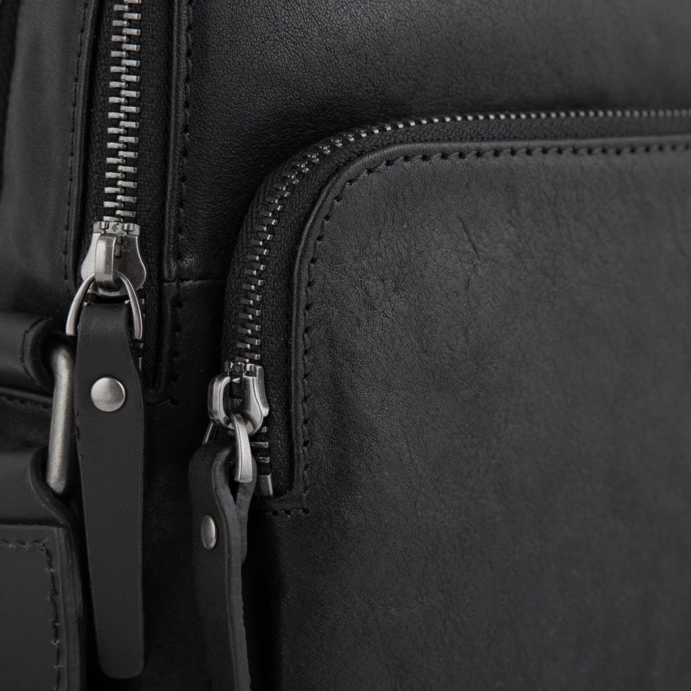 Шкіряна наплічна чоловіча сумка чорного кольору з двома автономними відділеннями Tiding Bag (15910)