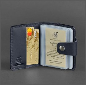 Добротная визитница из натуральной кожи темно-синего цвета на кнопке BlankNote (12236)