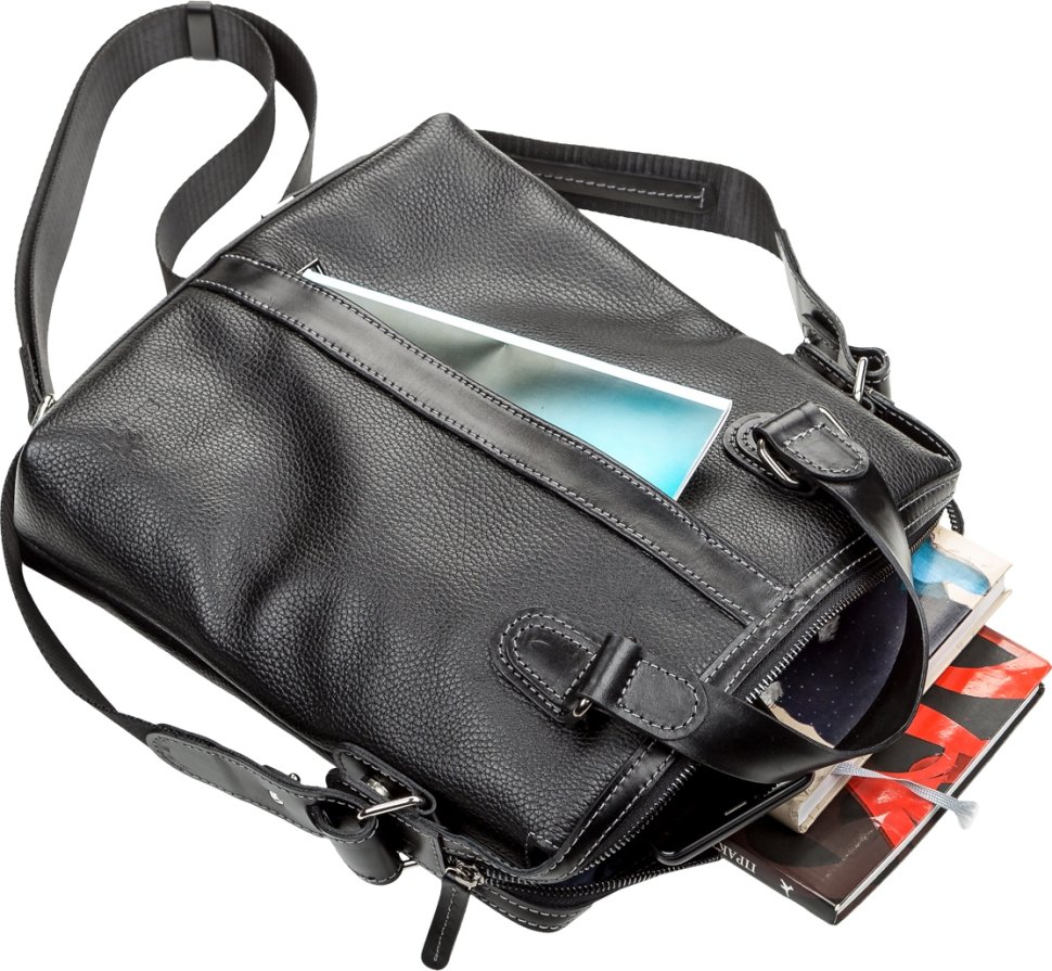Вертикальная черная мужская сумка из натуральной кожи с ручками SHVIGEL (11114)