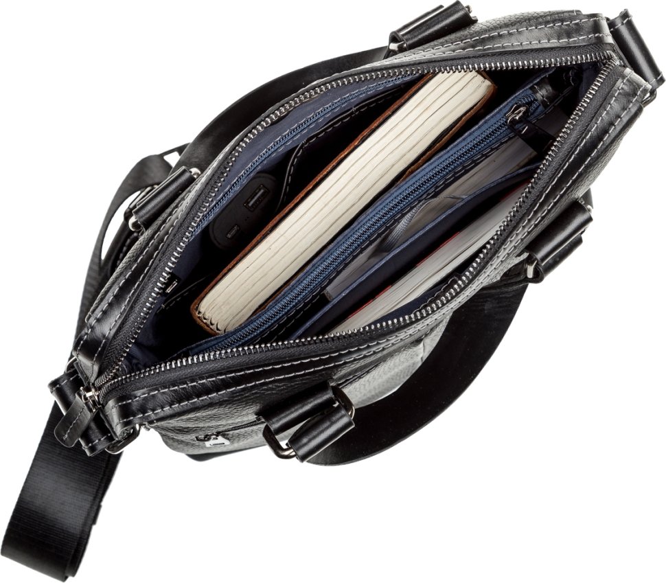 Вертикальна чорна чоловіча сумка з натуральної шкіри з ручками SHVIGEL (11114)