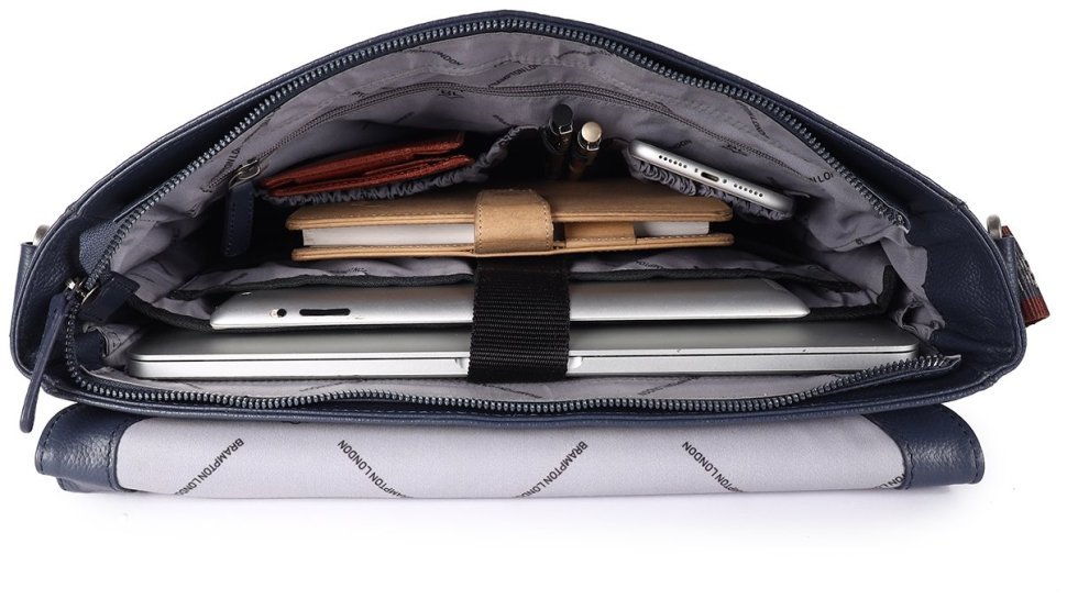 Деловая мужская сумка мессенджер из фактурной кожи для ноутбука до 15" Brampton London Emissary 94534 (Синего цвета) modnotak фото №7