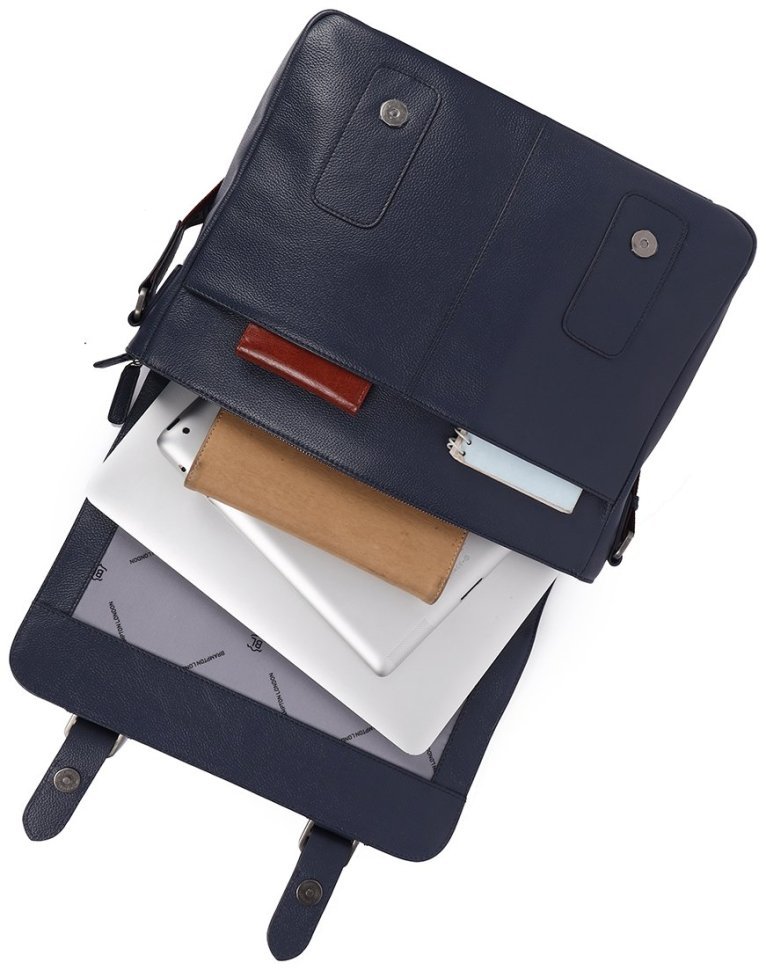 Деловая мужская сумка мессенджер из фактурной кожи для ноутбука до 15" Brampton London Emissary 94534 (Синего цвета) modnotak фото №8