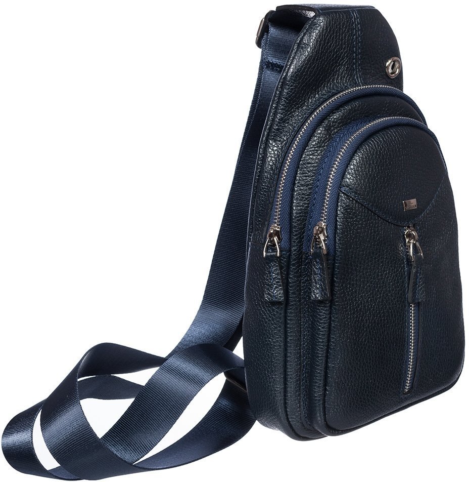 Синяя мужская сумка-рюкзак через плечо из натуральной кожи DESISAN (19199)