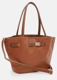 Качественная женская сумка из кожзама с длинными ручками Monsen 94634 коричневого цвета