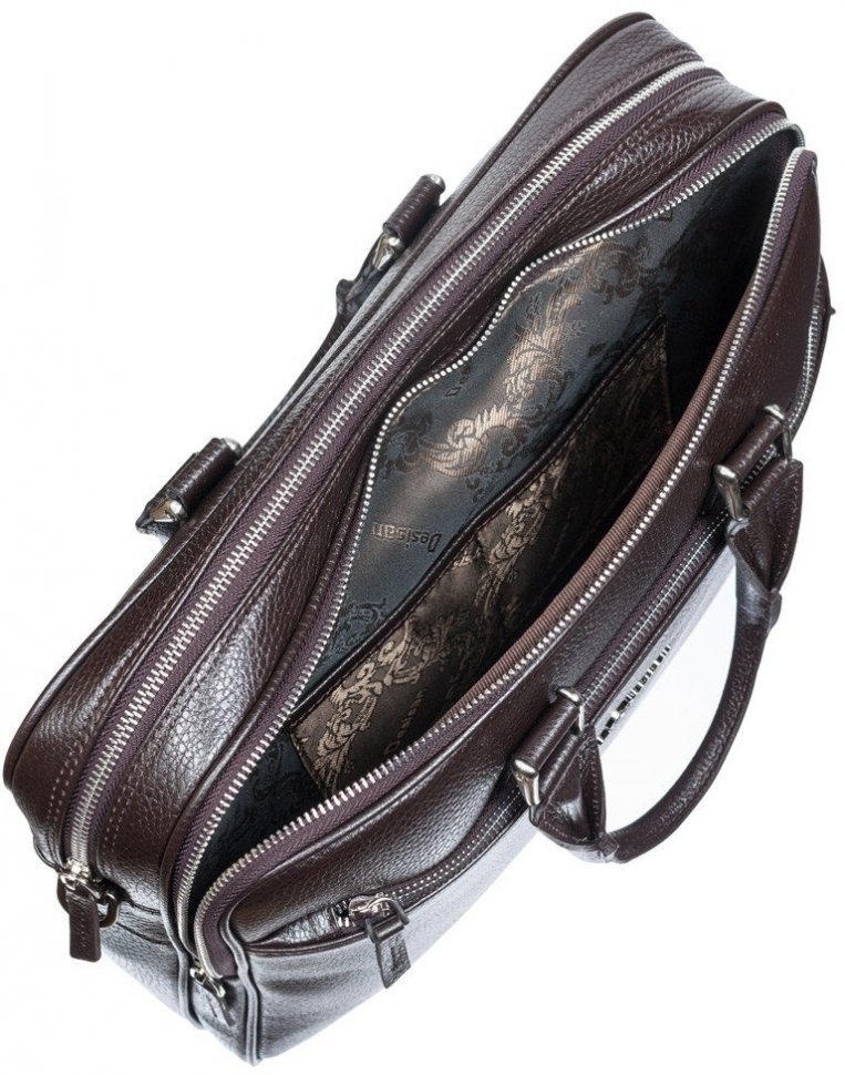 Темно-коричнева чоловіча сумка-портфель з фактурної шкіри на дві блискавки DESISAN (19105)