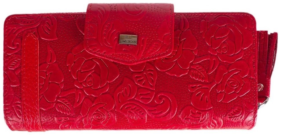 Большой женский кошелек красного цвета из кожи с тиснением цветов Desisan 107034 на 2 отделения modnotak фото №1