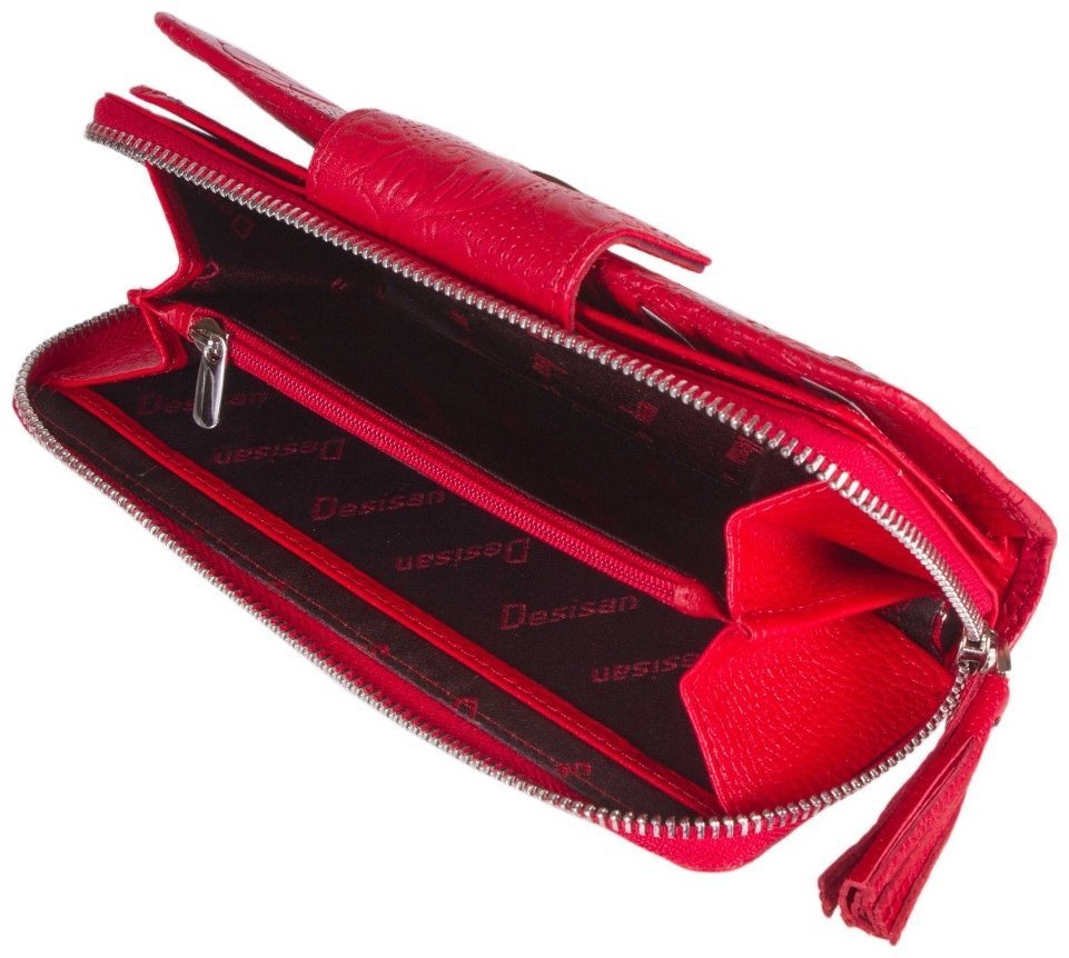 Большой женский кошелек красного цвета из кожи с тиснением цветов Desisan 107034 на 2 отделения modnotak фото №3