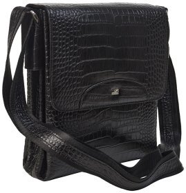 Сумка планшет для мужчин с клапаном на магните из натуральной кожи под крокодила DESISAN 107134 черная