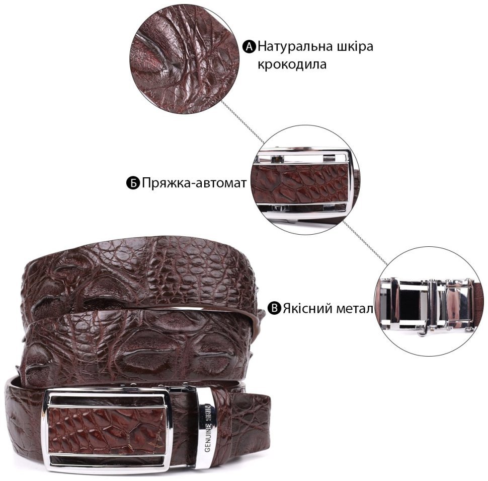 Модний ремінь-автомат з коричневої шкіри крокодила CROCODILE LEATHER (024-18240) фото №6 Модний ремінь-автомат з коричневої шкіри крокодила CROCODILE LEATHER (024-18240) modnotak фото №6