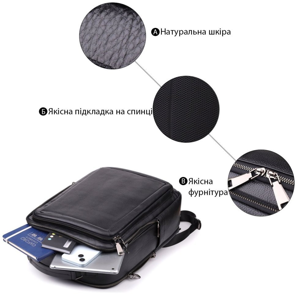 Большой городской мужской рюкзак из фактурной кожи черного цвета Vintage 97834 modnotak фото №4