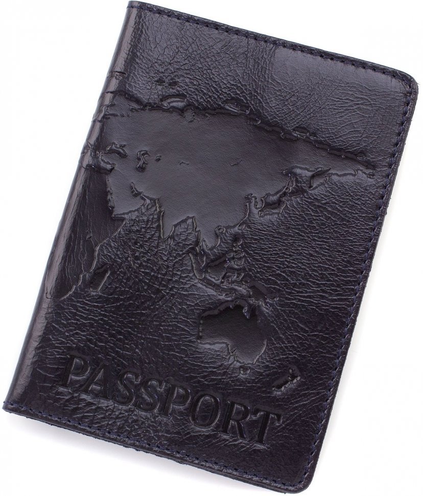 Шкіряна обкладинка для паспорта темно-синього кольору з принтом ST Leather (16602)